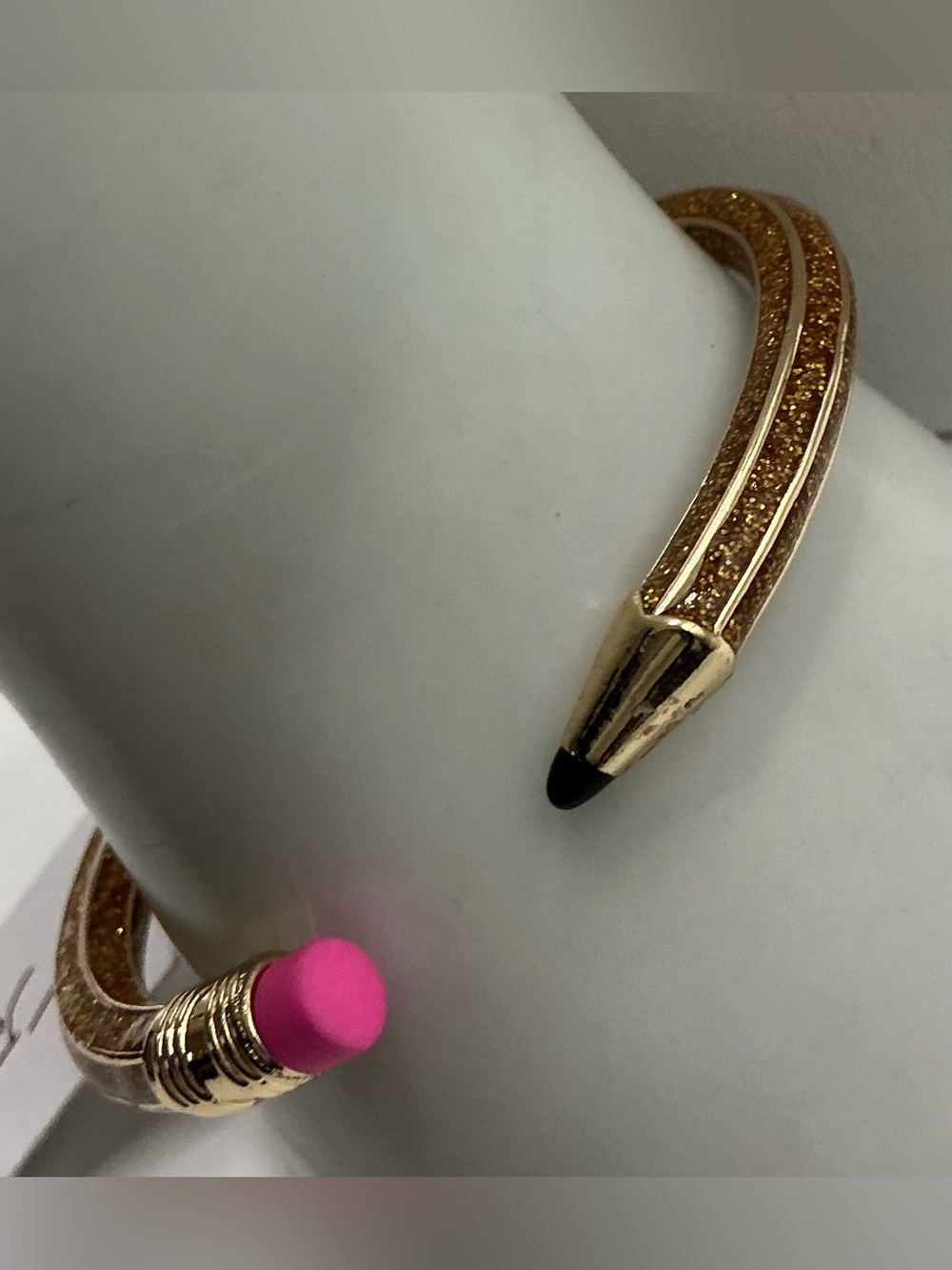 BETSEY JOHNSON GOLD PENCIL PINK ERASER HINGED CUFF BRACELET NWT - Picture 3 of 4